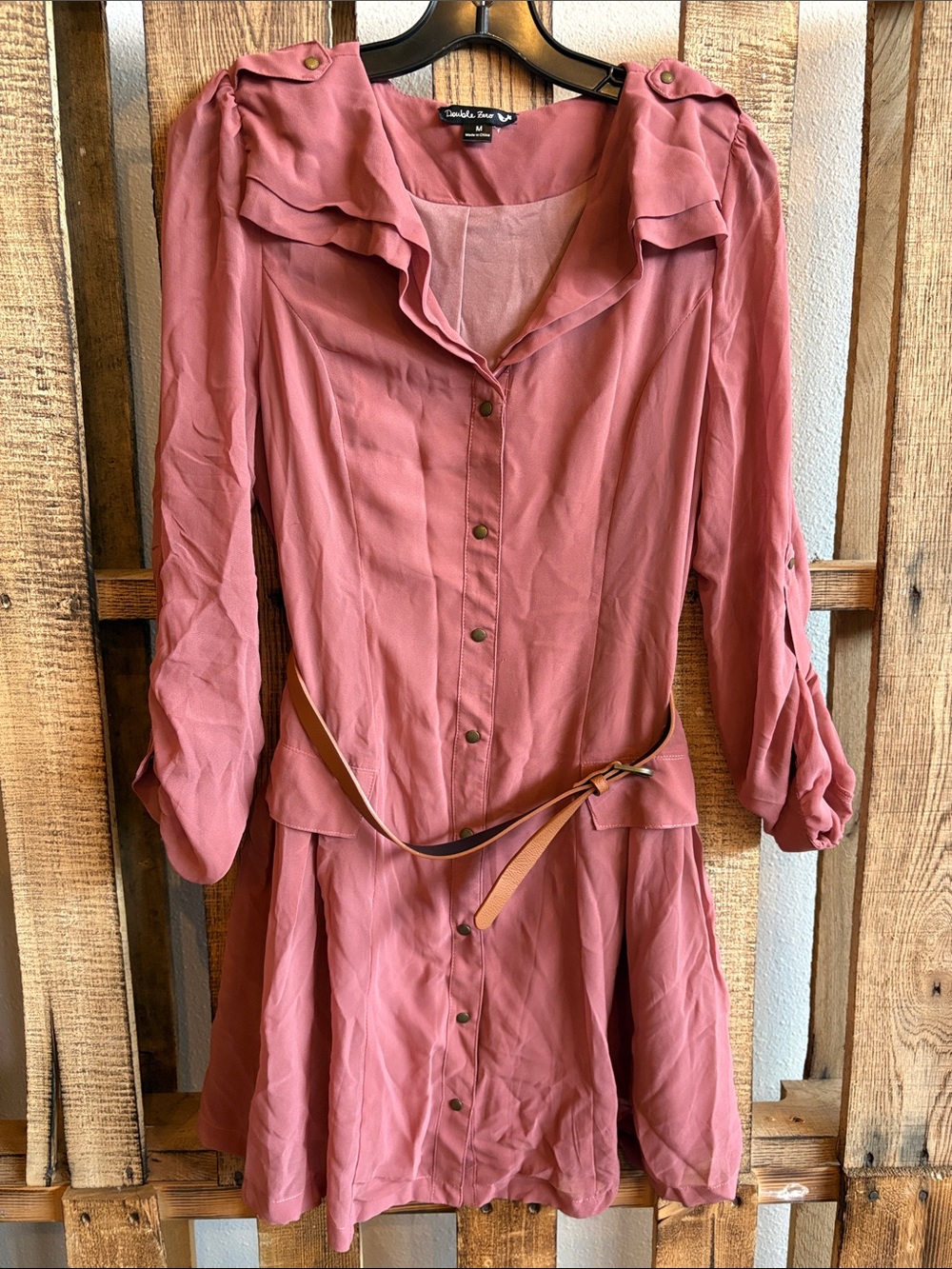 Double Zero Dusty Rose Button-Front Long Sleeve Dress with Belt